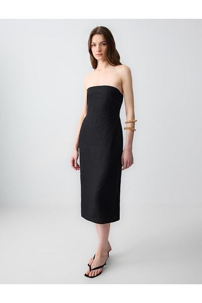 Jimmy Key Black 100% Linen Slim Fit Open Neck Strapless Midi Dress