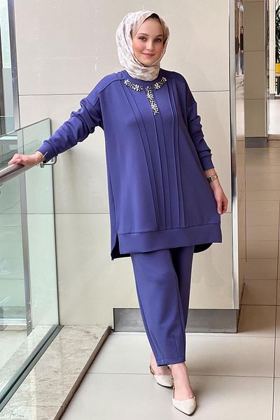 FUAT GÜRSEN Fuat Gürşen Ribbed Tunic Trousers Set with Stones on the Collar