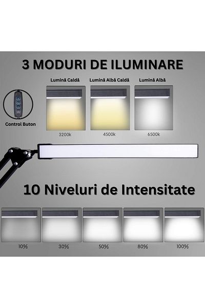 Velixo Led Desk Lamp, 10 Brightness Levels, 3 Modes, Clamp, Adjustable Arm, Memory, Eye Protection, Usb