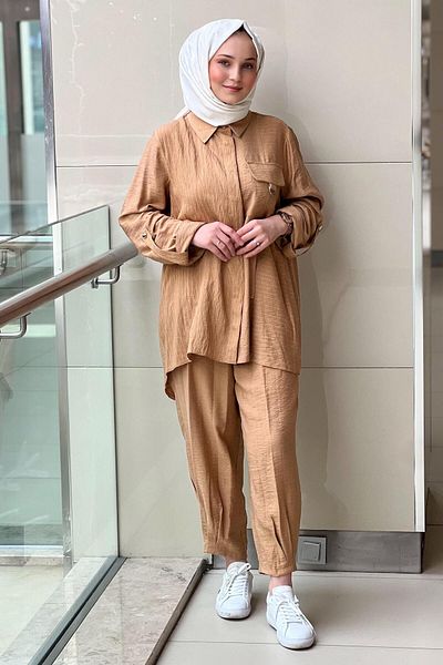 Nuss Pocket Detailed Striped Shirt Pants Set with Sleeve Epaulettes