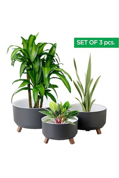 Ginza Maison Set 3 Ghivece Rotunde Cu Picioare Pliabile, Suport Interior De Drenaj, Culoare Gri, Ø 15, 18, 22 Cm
