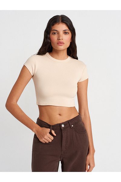 Dilvin 31810 Crew Neck Crop T-Shirt-Stone