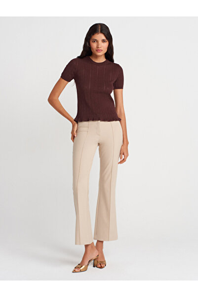 Dilvin 10762 Bisiklet Yaka Ajurlu Fırfırlı Bluz-Kahve