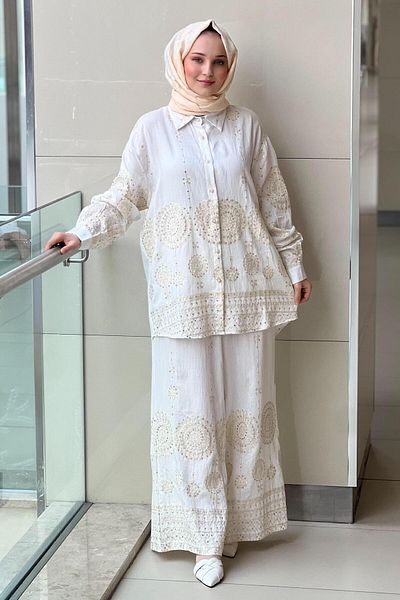 Mahal Imported Authentic Patterned Gold Sequined Linen Shirt Pants Set