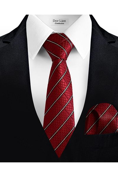 Dor Lion Red Tie and Handkerchief with White Stripes - 7 cm