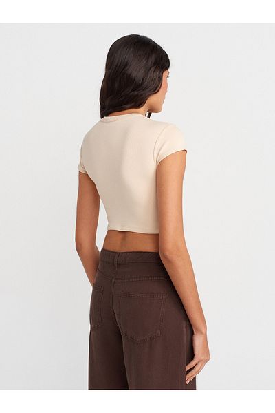 Dilvin 31810 Crew Neck Crop T-Shirt-Stone