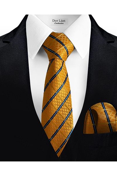 Dor Lion Striped Yellow Tie and Handkerchief - 7 cm