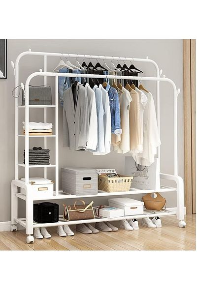 Generic Metal clothes hanger organizer, clothes rack and side shelves, white with wheels