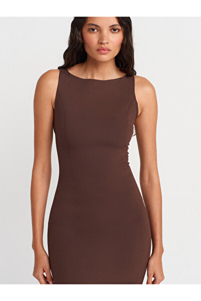 Dilvin 91099 Vücuda Oturan Midi Elbise-Kahve