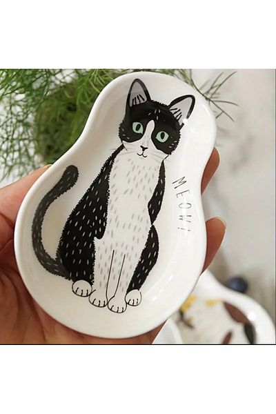 esdekor 3 Pieces Cat Shaped Plate Ceramic Cute Kitten Sauce Bowl