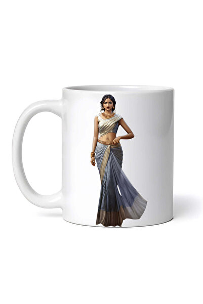 OEM Cană albă personalizată, rochie sari indiană albastru-maro, INOVATIX®. 330 ml