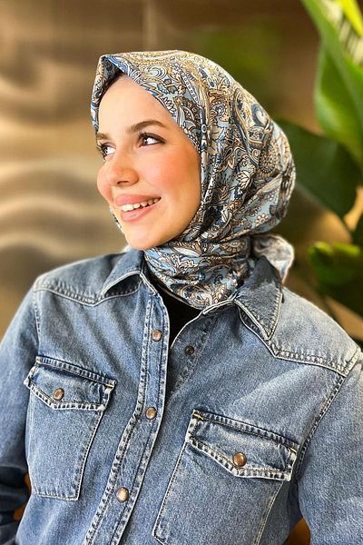 Sultan Eşarp Sultan Soft Cotton Scarf - Ethnic Pattern - SSE0237-31 - Μπλε, απαλό κίτρινο
