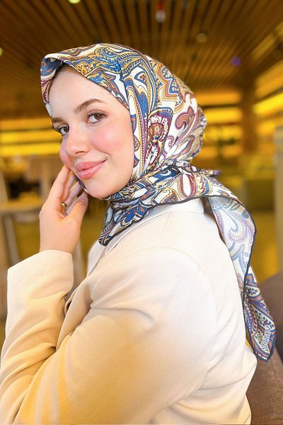 Sultan Eşarp Sultan Soft Cotton Scarf - Ρετρό μοτίβο - SSE0238-32 - Μωβ, Μπλε, Κίτρινο