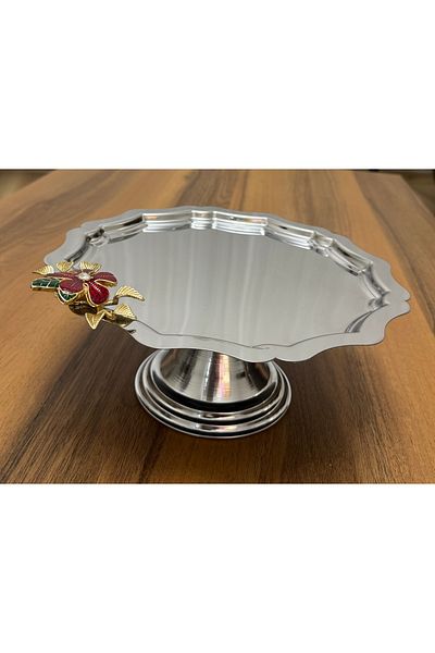 SEVA ÇELİK Steel Round Wavey Footed Red Flowers Cake Cookies Stand Luxury