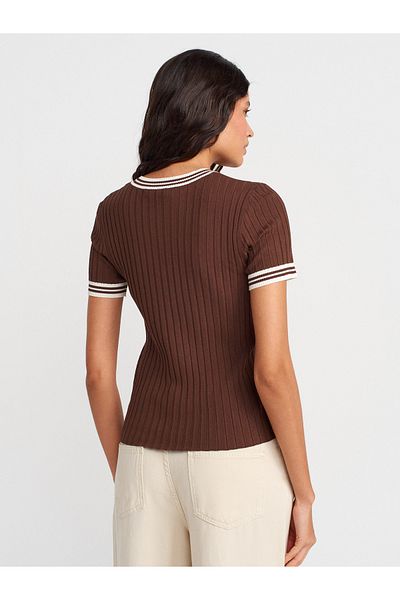 Dilvin 10765 Crew Neck Striped Knitwear Blouse-Brown-Cream