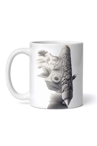 OEM Cană albă personalizată, stilou cu flori sculptate, Inovatix®. 330 ml