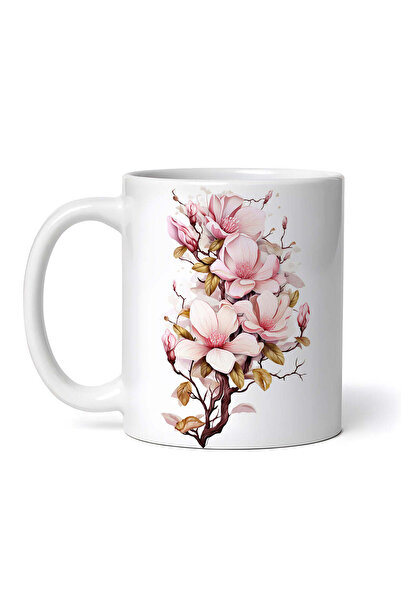 OEM Cană albă personalizată, Creangă cu magnolii înflorite, INOVATIX®. 330ml