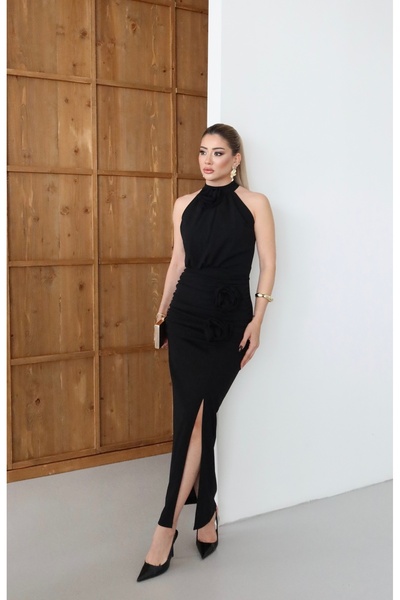1Moda1Tarz Kadın İthal Krep Kumaş Gül Detaylı Yırtmaçlı Astarlı Özel Tasarım Elbise