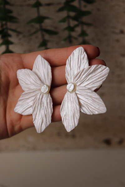 Gizy Store Polymer Clay Special Design White Pearlescent Earrings, Large Half Flower Earrings, Bridal Accessory