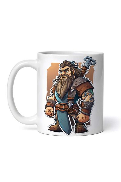 OEM Cană albă personalizată, războinic viking cu barbă și sabie, INOVATIX®. 330ml