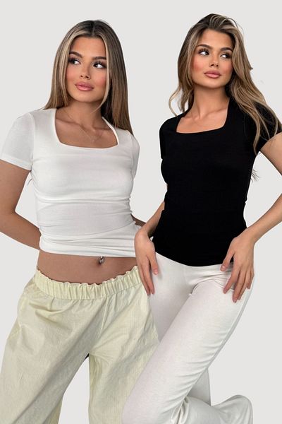 LACHT Women's 2-Pack Black-And-White Square Neck Buzzy Modal Fabric Short Sleeve Blouse