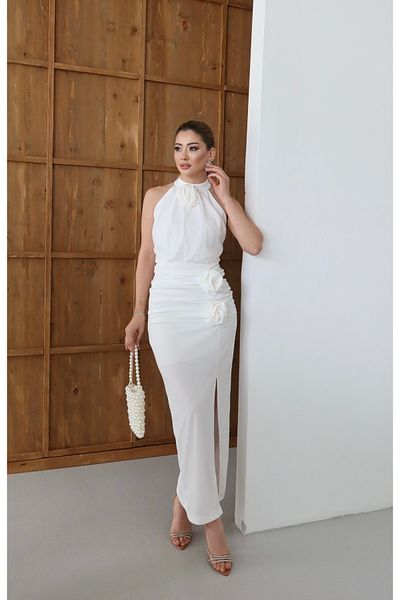 1Moda1Tarz Γυναικείο Εισαγόμενο Κρεπ Ύφασμα Ροζ Λεπτομερές Φόρεμα Ειδικού Σχεδιασμού με Σχισμή