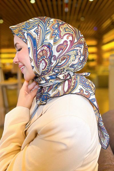 Sultan Eşarp Sultan Soft Cotton Scarf - Ρετρό μοτίβο - SSE0238-32 - Μωβ, Μπλε, Κίτρινο