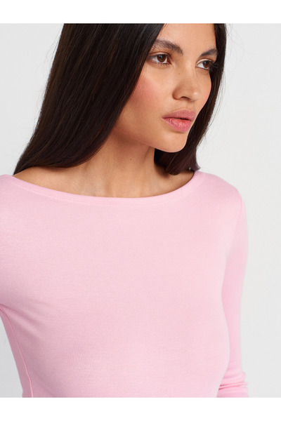 Dilvin 31332 Μακρυμάνικο μπλουζάκι με λαιμόκοψη σε ροζ χρώμα