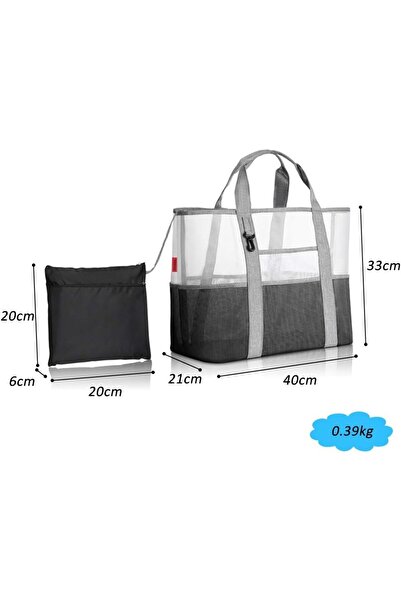 DELPI Unisex Beach Bag, Shopping, Mesh with Multiple Compartments, Foldable, Tote, Gray