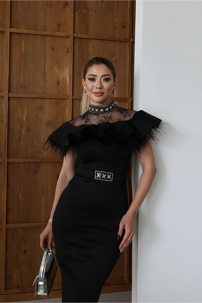 1Moda1Tarz Γυναικείο ειδικό σχέδιο φόρεμα με επένδυση με εισαγόμενο ύφασμα κατάδυσης με δαντέλα και λεπτομέρεια με φούντα με κολιέ με ζώνη λαιμού
