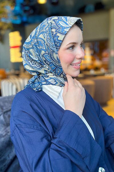 Sultan Eşarp Sultan Soft Cotton Scarf - Ρετρό μοτίβο - SSE0238-33 - Navy Blue, Soft Yellow