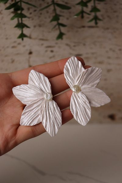 Gizy Store Polymer Clay Special Design White Pearlescent Earrings, Large Half Flower Earrings, Bridal Accessory