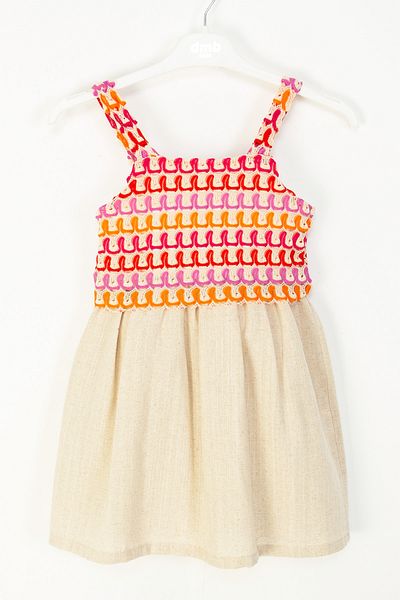 DMB BOYS & GIRLS Ethnic Patterned Colorful Embroidered Skirt with Straps Linen Textured Girl's Dress