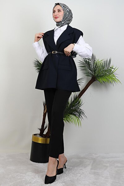 GİYZAMİLA Belted Vest Navy Blue