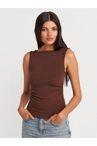 Dilvin 31589 Μαζευμένο Boat Neck Top-Ανοιχτό καφέ