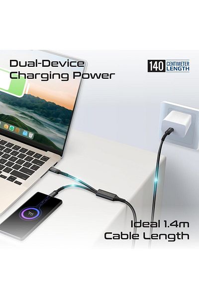 Promate كابل USB-C™ إلى USB-C™ مزدوج مع توصيل طاقة 140 وات، ونقل بيانات بسرعة 480 ميجابت في الثانية، وتقنية Over Current