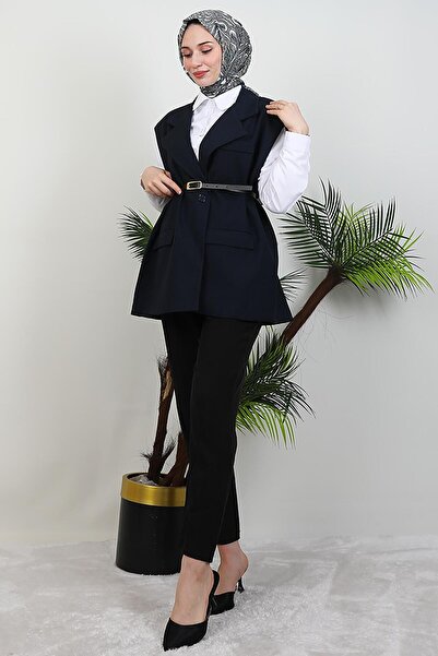 GİYZAMİLA Belted Vest Navy Blue