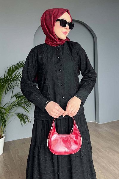 benguen Guipure Detailed Brode Suit Black 3001