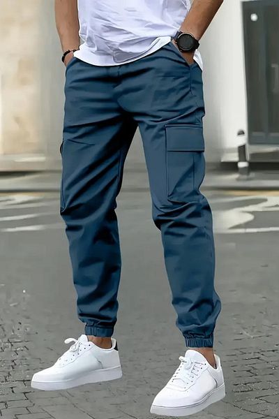 VIKUNYA Indigo Navy Blue Jogger Cotton Cargo Pants Adjustable Waist Elastic Legs Comfort Premium
