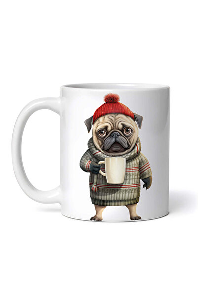 OEM Εξατομικευμένη λευκή κούπα, Pug Dog που πίνει καφέ, INOVATIX®. 330ml