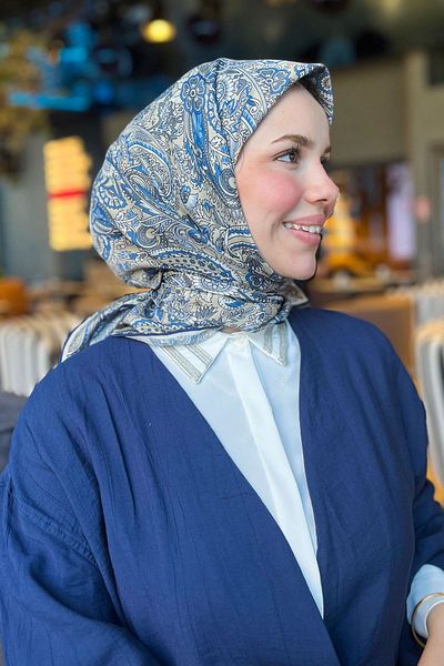 Sultan Eşarp Sultan Soft Cotton Scarf - Ethnic Pattern - SSE0237-32 - Μπλε, Απαλό Κίτρινο