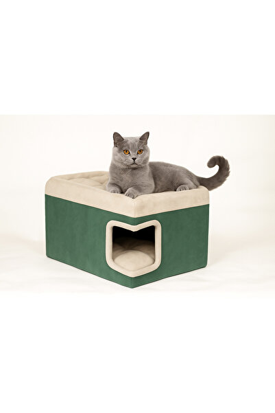 Kedi Köpek Evi Yataklı MDF Tek Parça – Montajsız ve Pati Dostu Kumaş – 55x37x34 cm