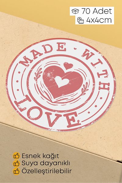 alışveriş kurdu Made with Love Written Sticker Packaging Shipping Packaging Label - 4X4Cm 70 Pieces Round