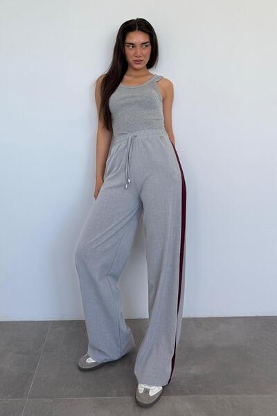 Madmext Gray - Burgundy Stripe Detailed Wide Leg Women's Trousers Mg2441