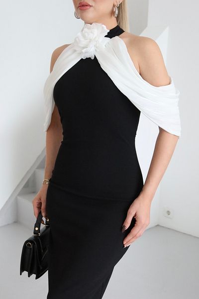 1Moda1Tarz Γυναικείο εισαγόμενο Scuba Crepe ύφασμα λαιμόκοψη Αξεσουάρ Yoryo Chiffon Scarf Λεπτομέρεια Επένδυση Προσαρμοσμένο Σχέδιο Φόρεμα