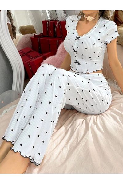 cdh çeyize dair herşey Love Bloom Black Crop Model Short Sleeve Pajama Set 6849