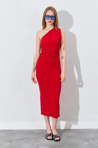 TENA Women's Red One Shoulder Side Draped Sandy Dress