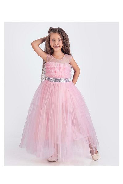 Mnk Baby&Kids Rochie de seara din satin pentru fete din tul cu model sapes roz - MNK0618