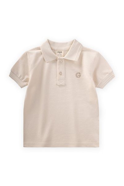 Cigit Embossované tričko Polo Neck 2-10 Years Ecru