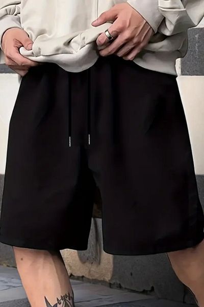 Tarz Cool Ανδρικό μαύρο καλοκαιρινό μονόχρωμο Basic casual φαρδύ σορτς